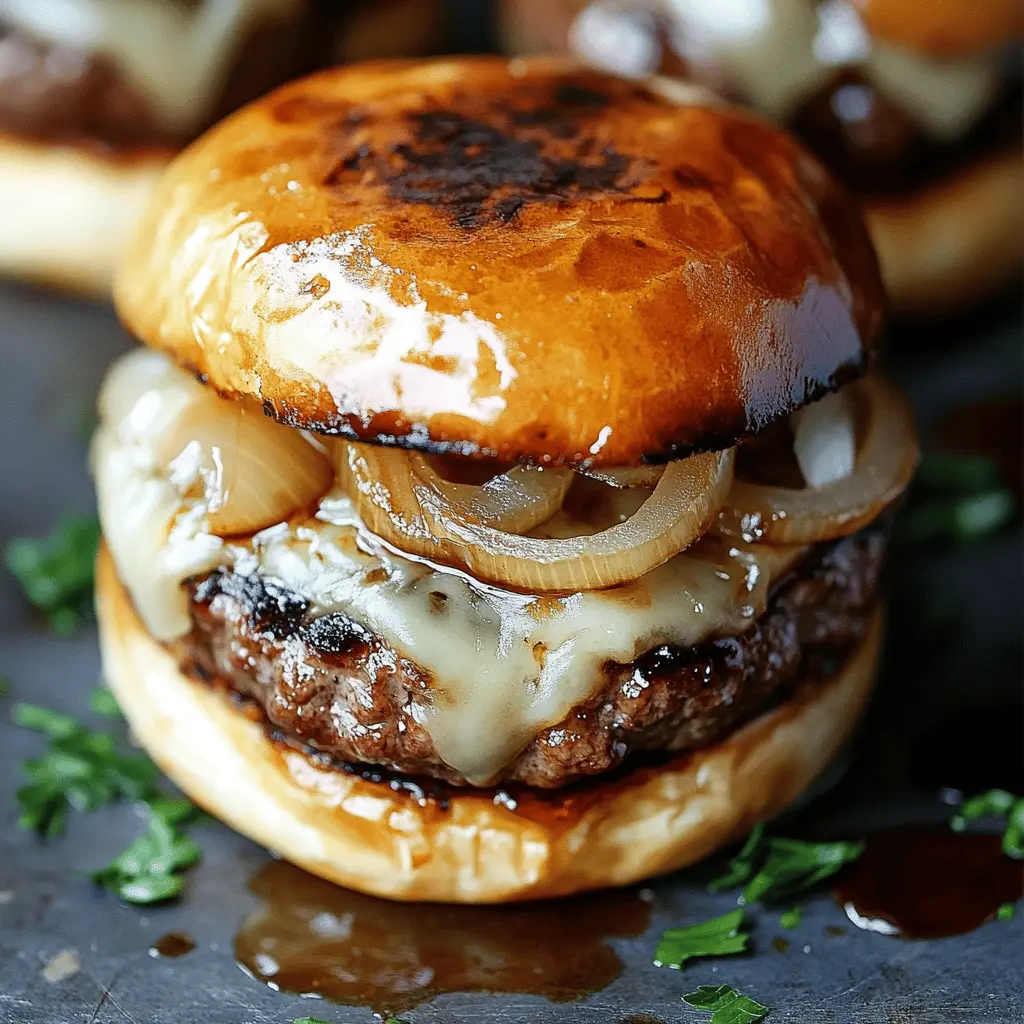 Savor the deliciousness of French Onion Burgers, where juicy beef patties meet caramelized onions and melted cheese! This mouthwatering recipe is perfect for your next BBQ or family dinner. Easy to make and packed with flavor, you won't want to miss out! Save this pin so you can whip up these tasty burgers whenever the craving strikes!