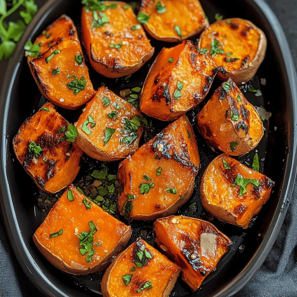 These Garlic Butter Roasted Sweet Potatoes are the perfect combination of savory and sweet! Tossed in garlic-infused butter, these tender cubes create a delicious side dish that pairs well with any meal. Ideal for family dinners or holiday gatherings, you'll want to save this recipe for those cozy nights in!