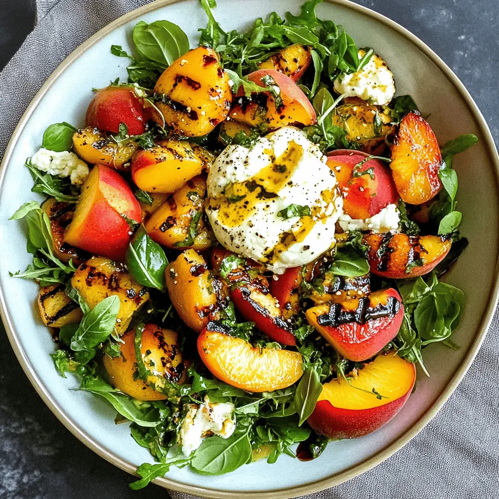 Sweet and juicy grilled peaches paired with creamy burrata create a delightful salad that's perfect for summer days. This refreshing dish features a blend of flavors, with hints of basil and a drizzle of balsamic glaze enhancing each bite. Save this recipe for your next backyard barbecue or family gathering, and impress your guests with this easy yet elegant salad!