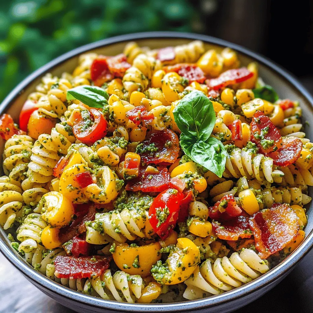 Creamy Pesto Corn Pasta Salad with Bacon and Bell Pepper