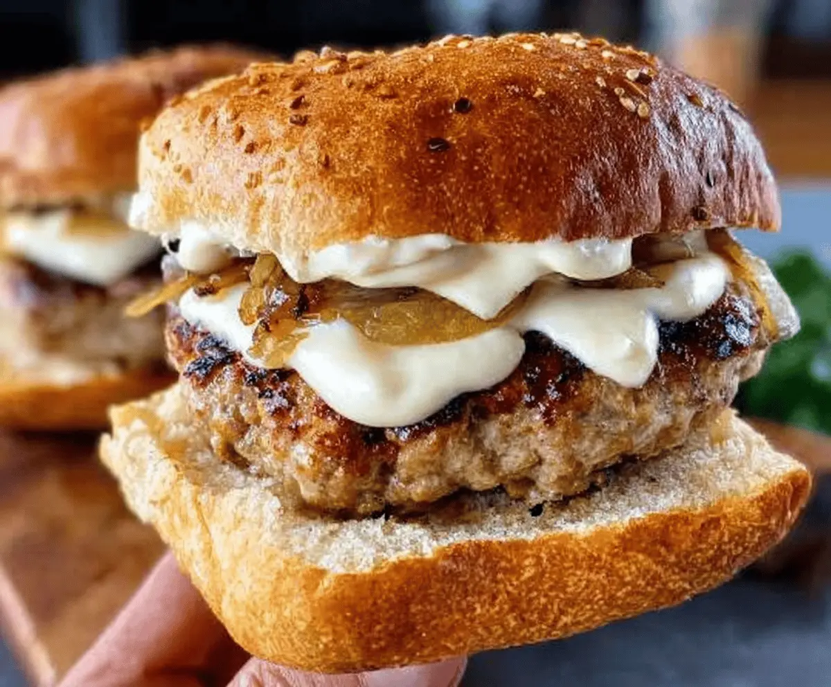 Easy Turkey Burgers with Sweet Caramelized Onions and Creamy Aioli