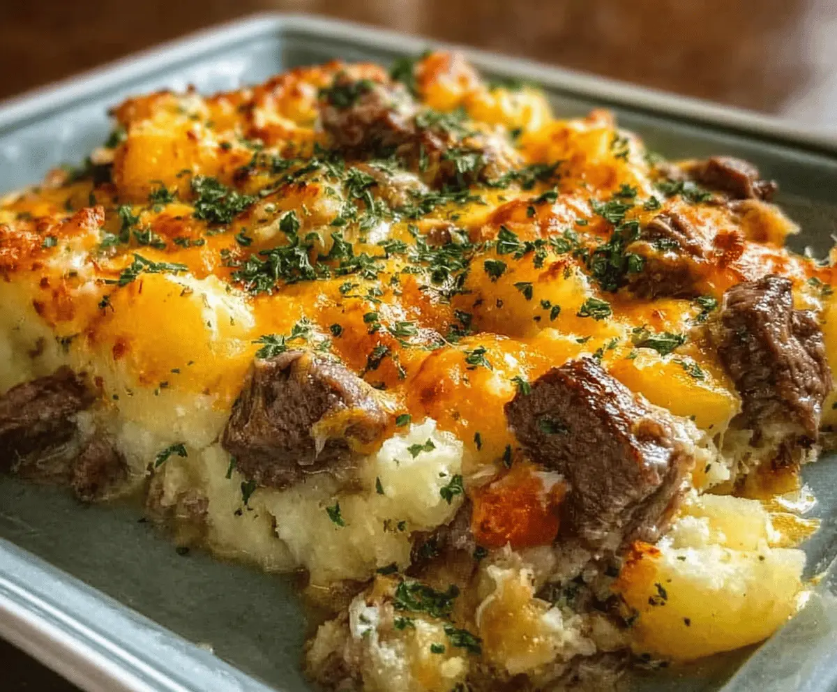 Easy Slow Cooker Steak and Cheddar Potato Casserole