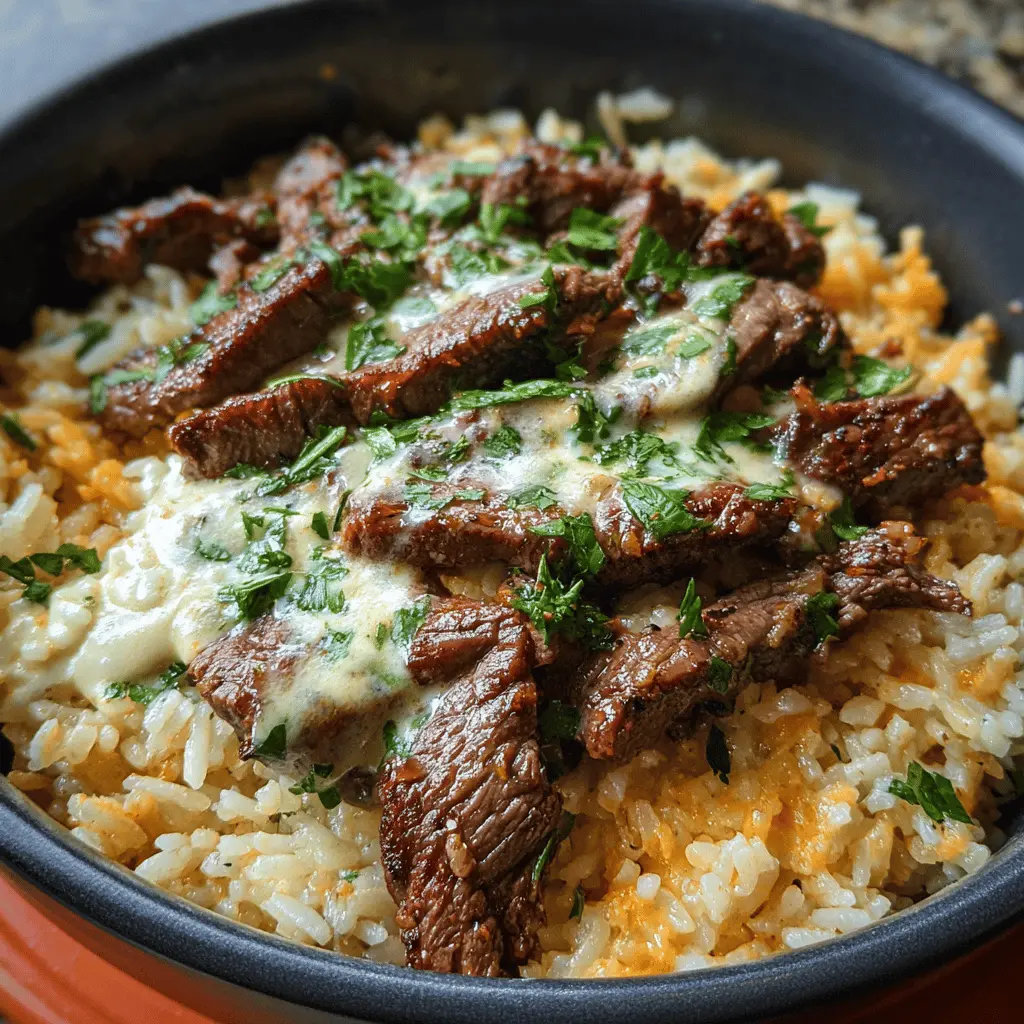 Creamy Queso Rice with Juicy Steak Strips Recipe